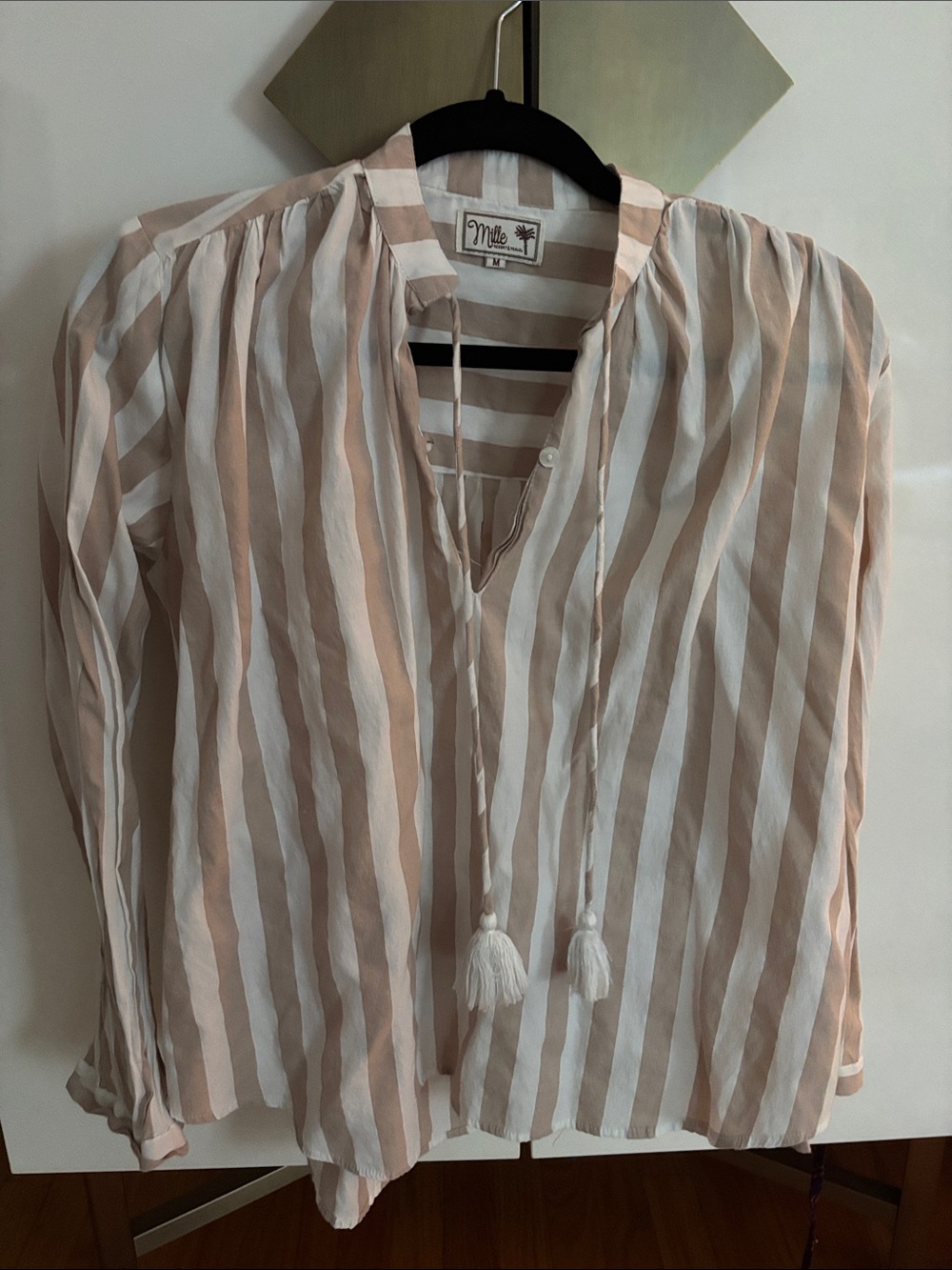 Mille Blush and White Striped Tassel Tie Peasant Blouse